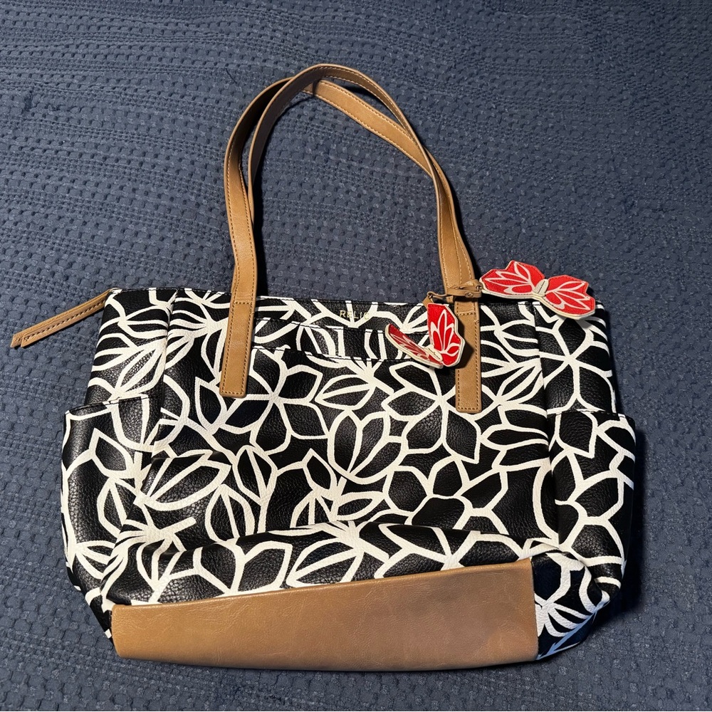 Relic Black & White Floral Tote with Tan Accents and Red Charm